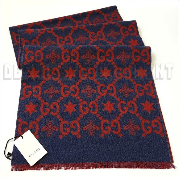 GUCCI red & blue CONSTELLATION Bee GG Stars wool/silk reversible long scarf NWT - Picture 5 of 12